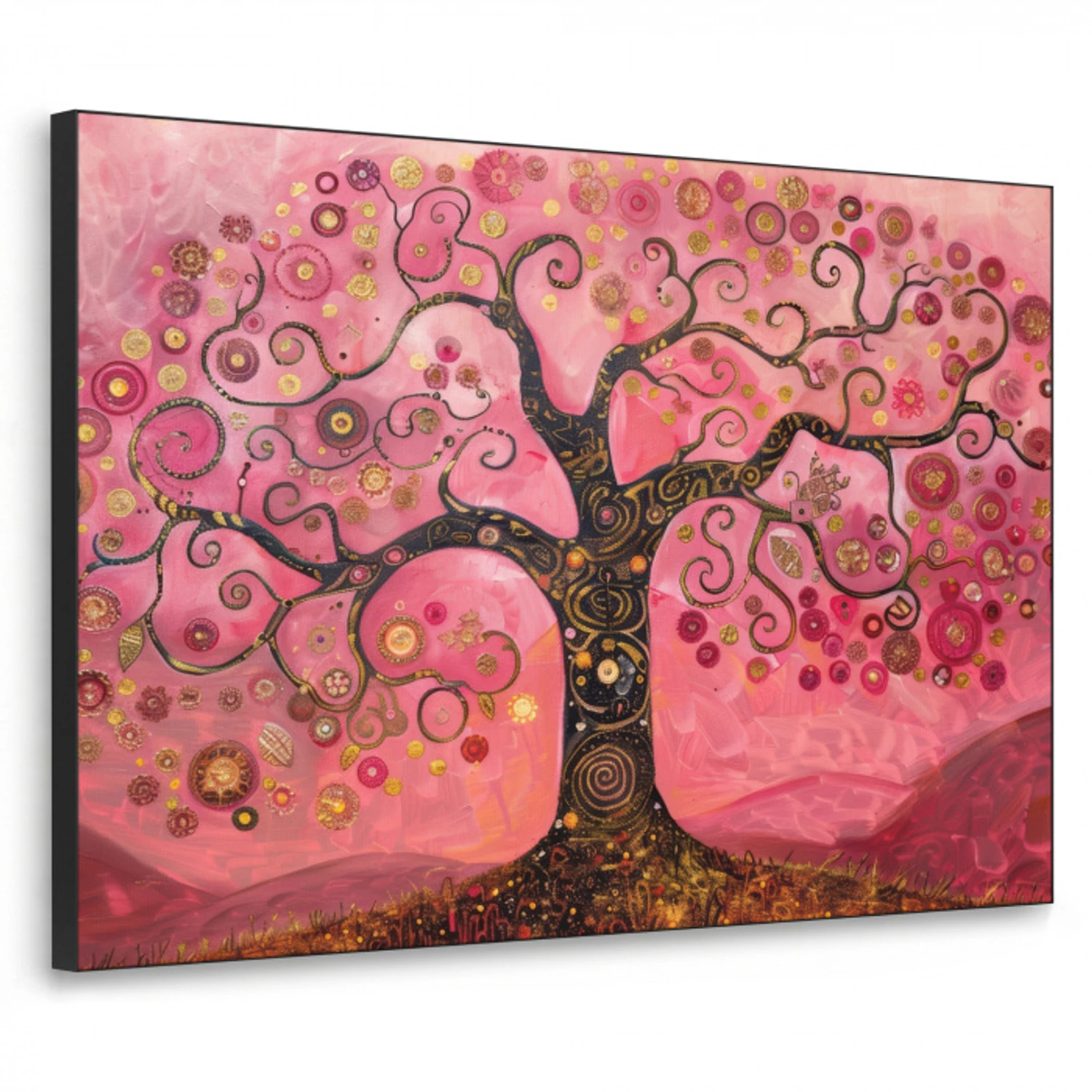 Boom - Levensboom - Roze - Goud Textielframe zwart klein -3d