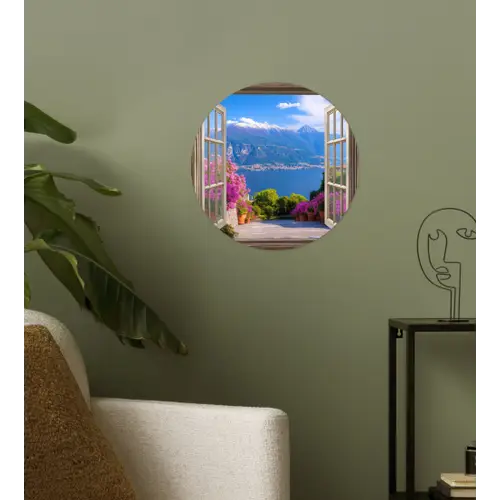 Doorkijk - Berg - Landschap - Uitzicht - Meer Wandcirkel behangsticker klein -sfeer2