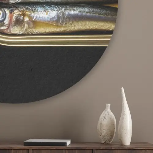Sardines - Blik - Zwart - Vissen Akoestische PET Vilt - Rond klein -sfeer5_closeup