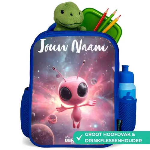 Roze Alien in Sterrennevel Kinderrugzak - Blauw middel -inhoud_NL