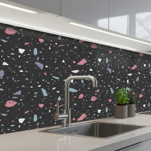 Terrazzo - Patroon - Zwart - Zacht keuken achterwand 2 middel 871 -3d_schuin
