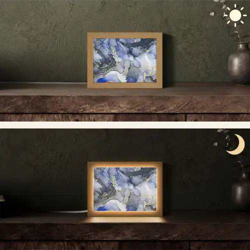 Marmer - Goud - Abstract - Blauw Light Box met kabel (Tafellamp) klein -sfeer3