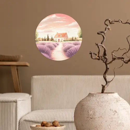 Lavendelveld - Huis - Paars Wandcirkel behangsticker klein -sfeer1