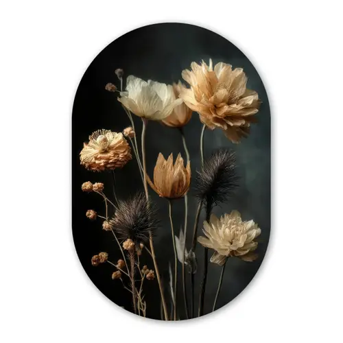 Boeket - Bloemen - Licht - Zwart Wandcirkel Ovaal Glas middel -3d
