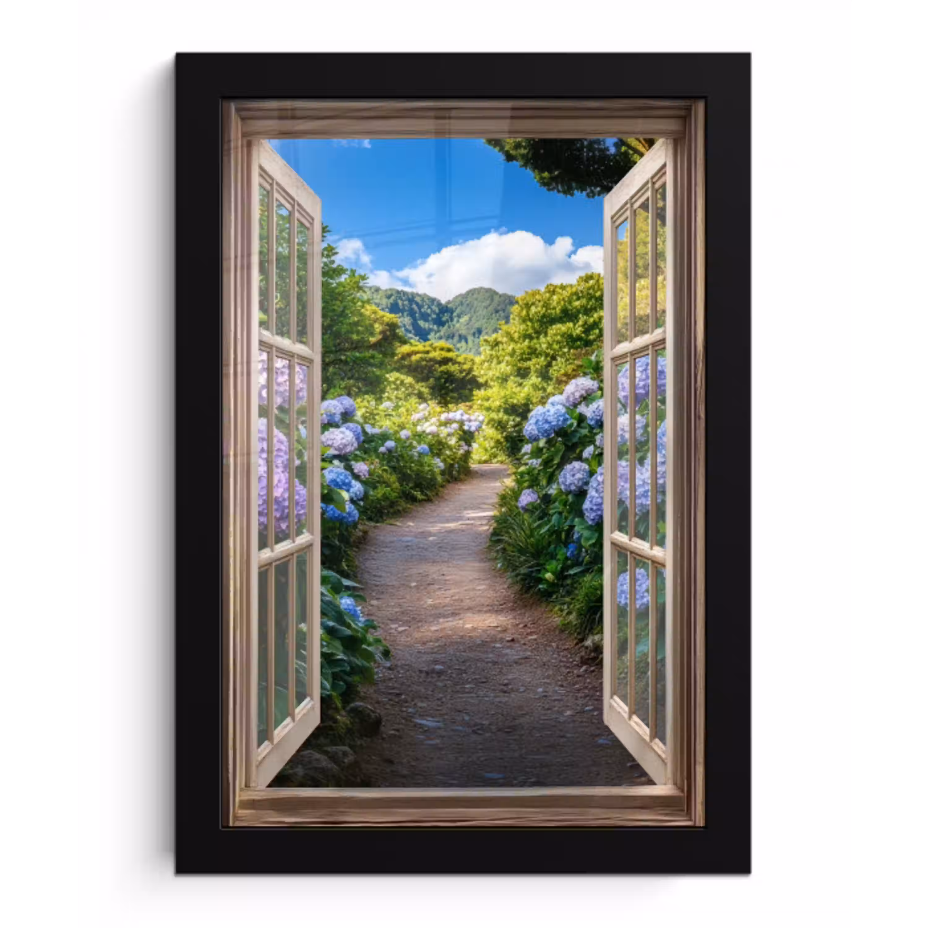 Doorkijk - Hortensia - Pad - Natuur fotolijst zwart zonder passe partout klein -3d