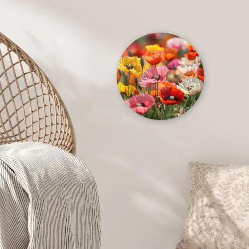 Bloemenveld - Klaprozen - Kleurrijk Wandcirkel kunststof plaat 5mm dik klein -sfeer5