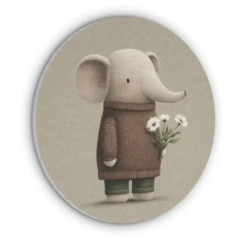 Olifant - Witte bloemen - Kindvriendelijk Akoestische PET Vilt - Rond klein -3d