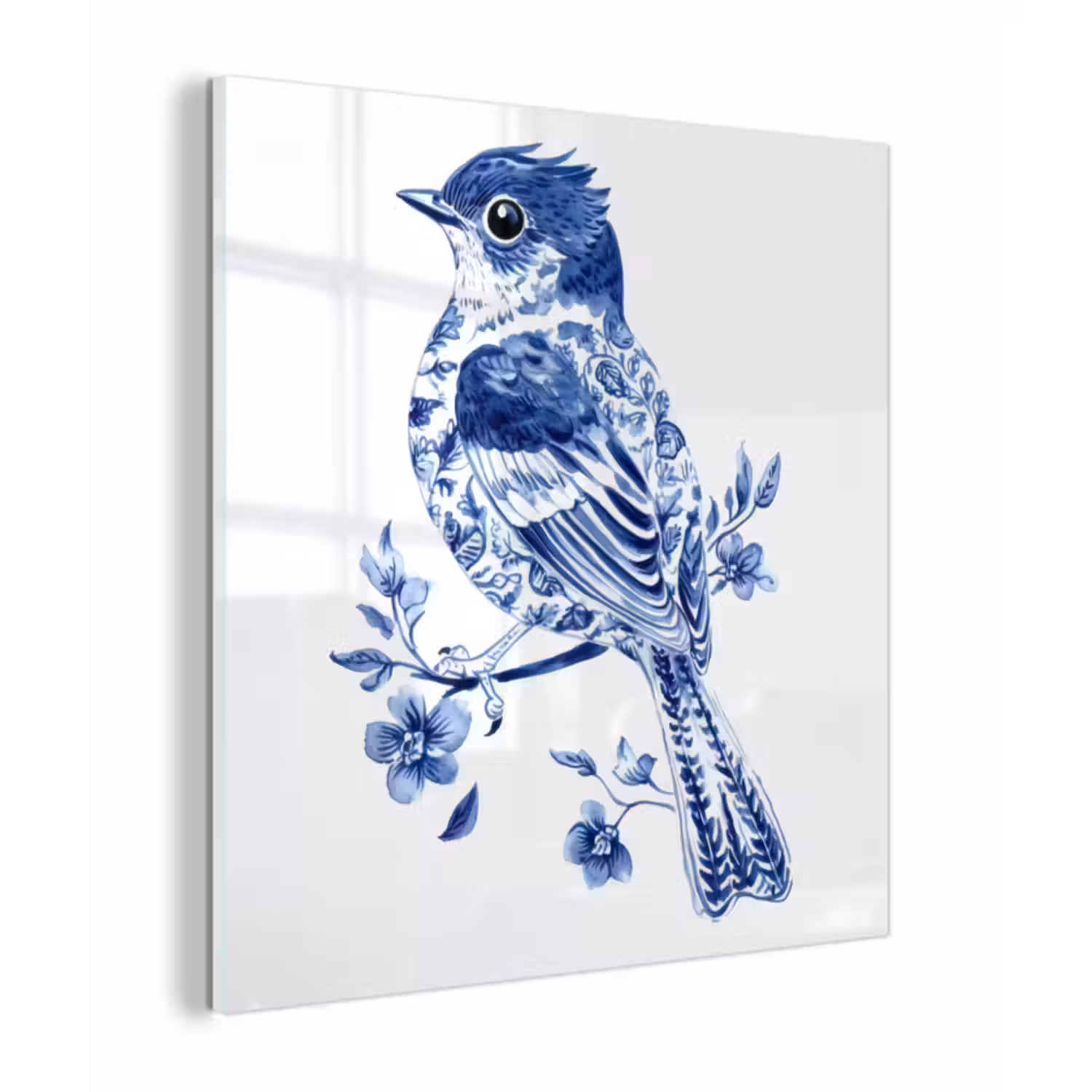 Glas schilderij - Vogel - Delfts blauw - Illustratie - Bloemen