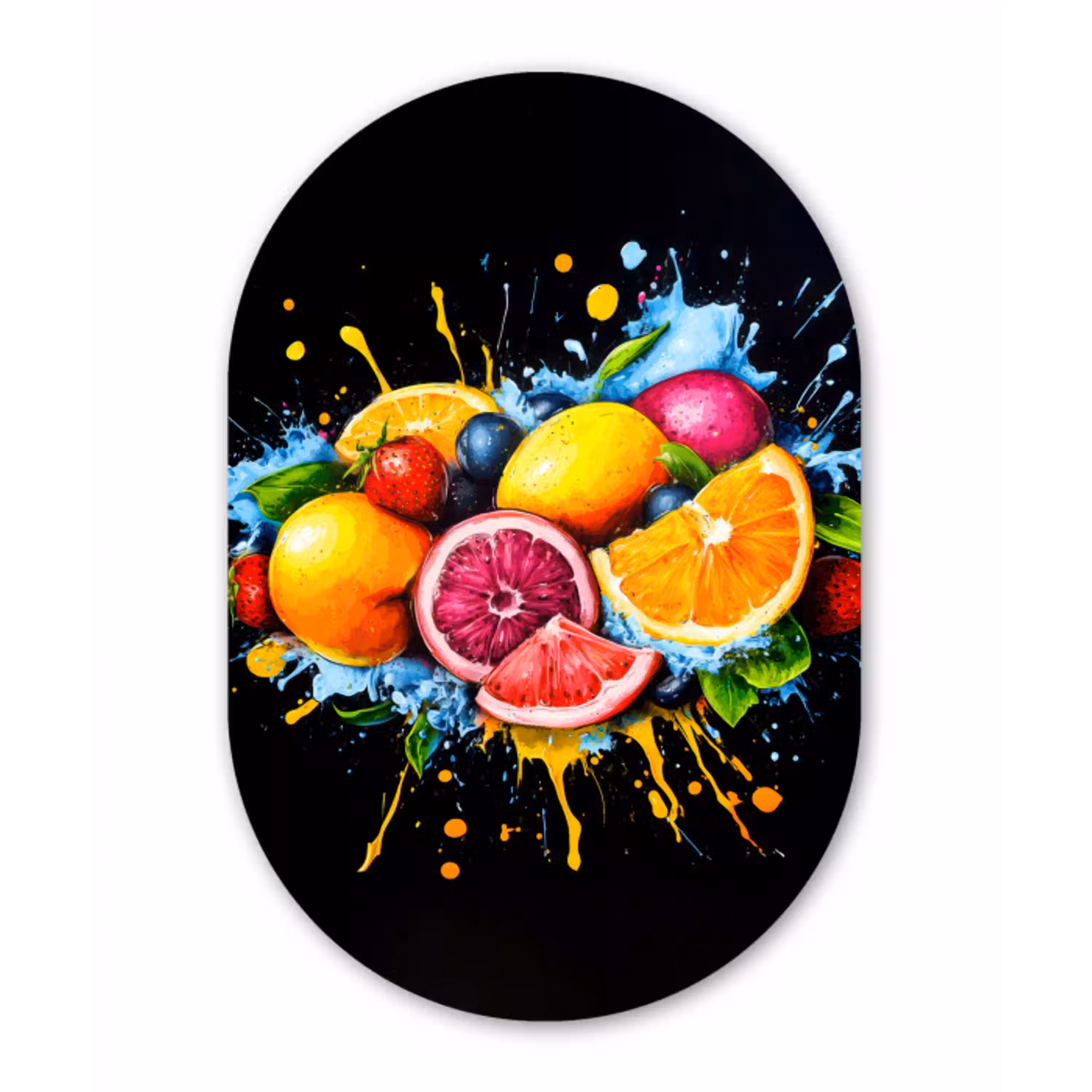 Fruit - Graffiti - Kleurrijk - Sinaasappel - Aardbei - Abstract Wandcirkel Ovaal Glas middel -3d