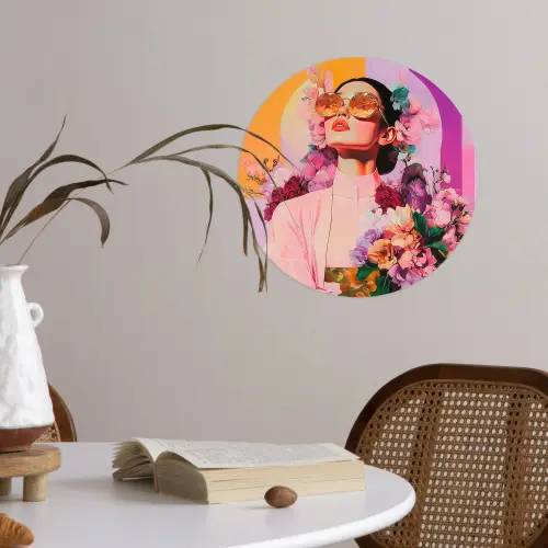 Portret - Vrouw - Abstract - Bloemen Wandcirkel behangsticker klein -sfeer3