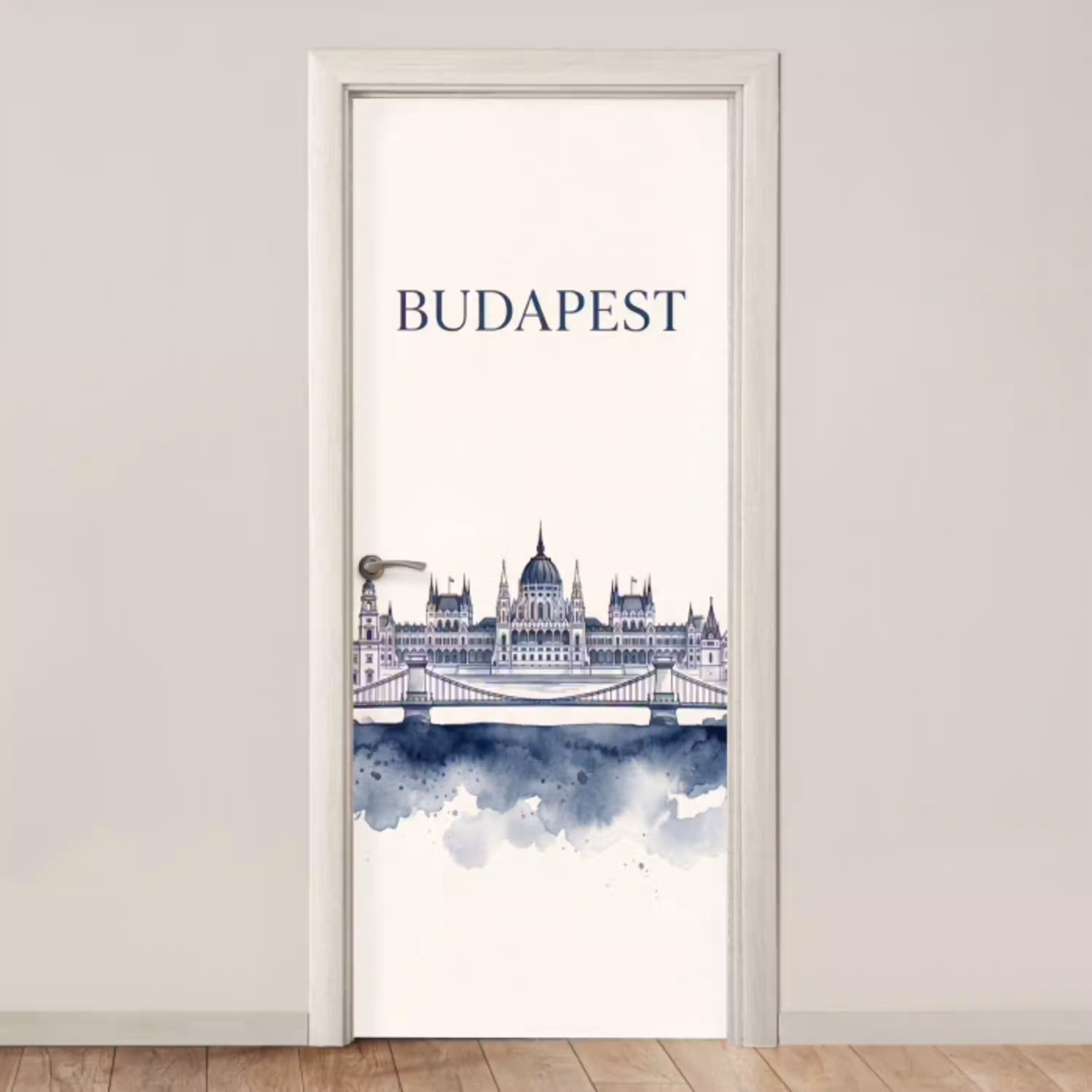 Boedapest - Skyline - Architectuur - Aquarel - Blauw deurposter klein -3d_beige