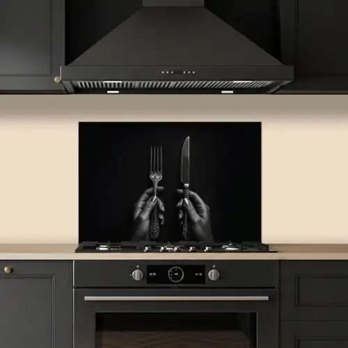 Bestek - Zwart - Wit keuken achterwand spatscherm klein -sfeer1