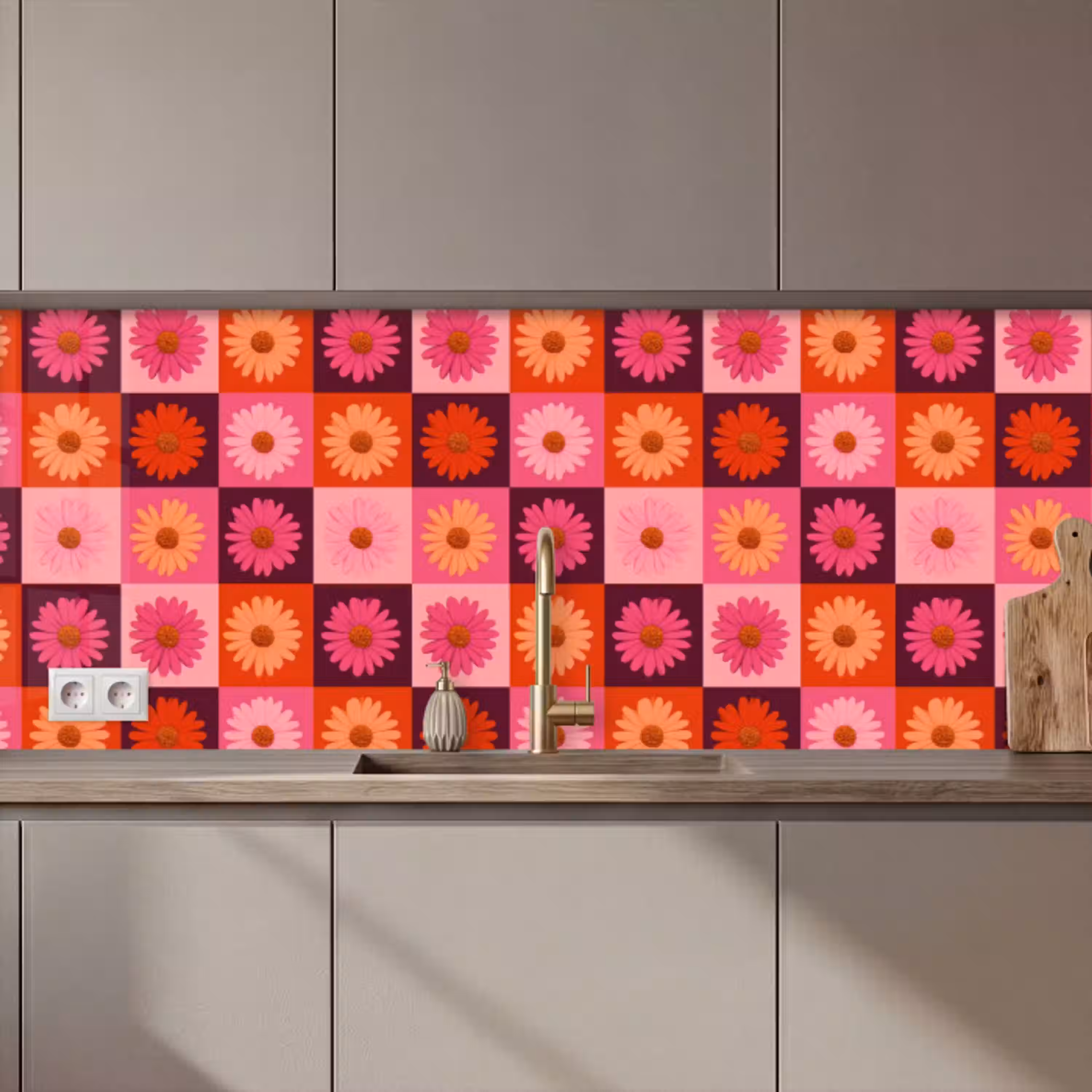 Madeliefjes - Dambord - Retro - Roze - Oranje keuken achterwand 2 middel 871 zz_3dshopping