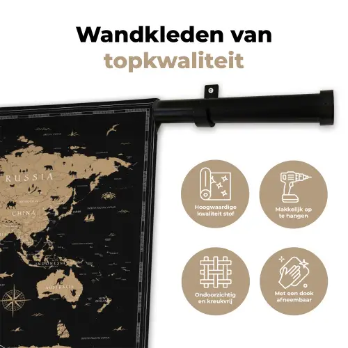 Wereldkaart - Beige - Zwart Wandkleed katoen klein -sfeer2