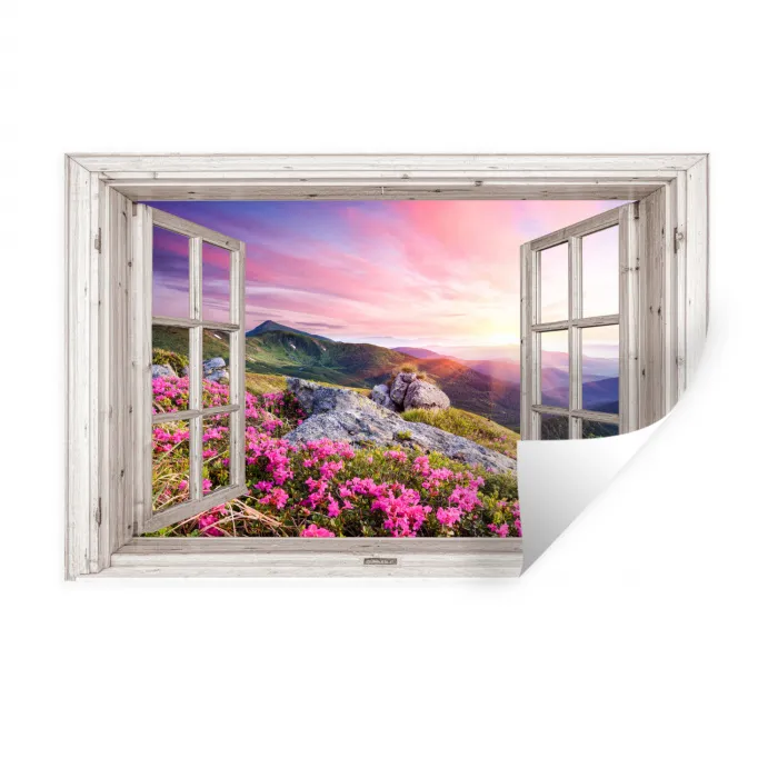 Bergen - Landschap - Doorkijk - Bloemen - Avond - Roze Muursticker klein -3d