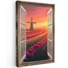 Doorkijk - Tulpen - Zonsondergang - Bloemen - Kleurrijk Tuinposter op houten frame 2 cm dik klein -3d