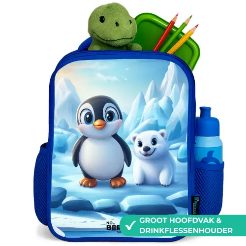 Pinguïn en ijsbeertje op ijsschotsen Kinderrugzak - Blauw middel -inhoud_NL