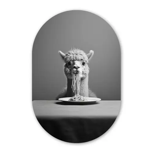 Alpaca - Pasta - Zwart - Wit - Grappig - Dieren Wandcirkel Ovaal Glas middel -3d