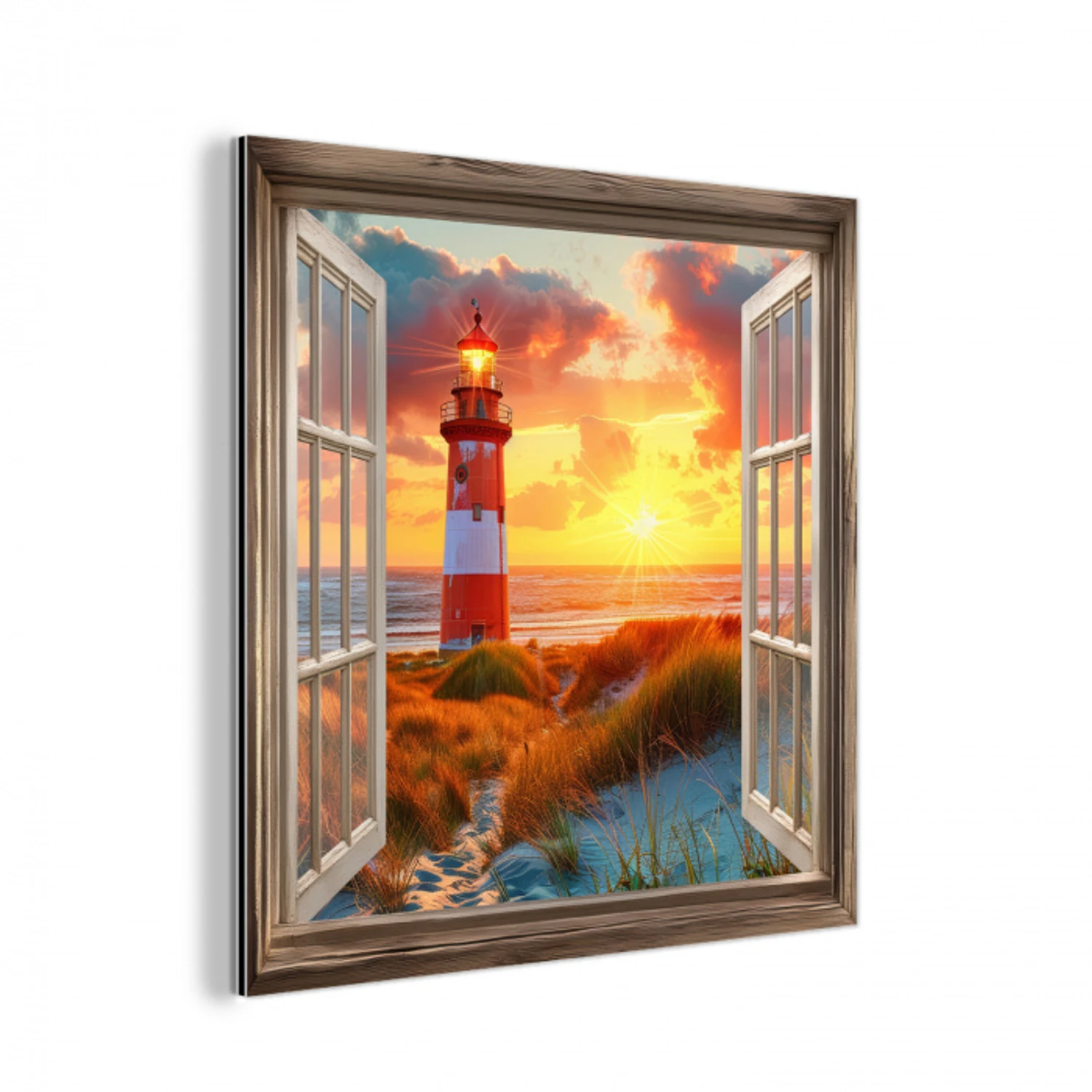 Doorkijk - Raam - Vuurtoren - Zonsondergang - Strand aluminium wit klein -3d