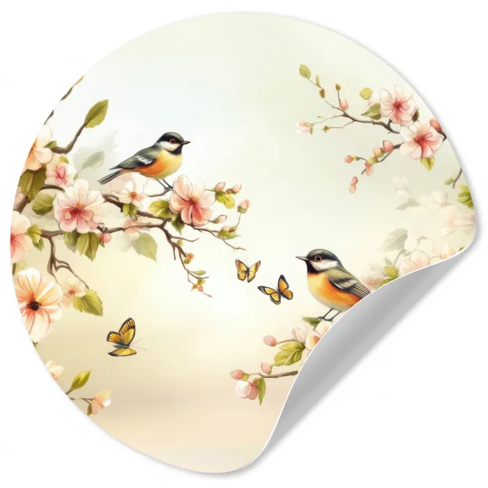Takken - Bloemen - Vogeltjes - Roze Wandcirkel behangsticker klein -3d