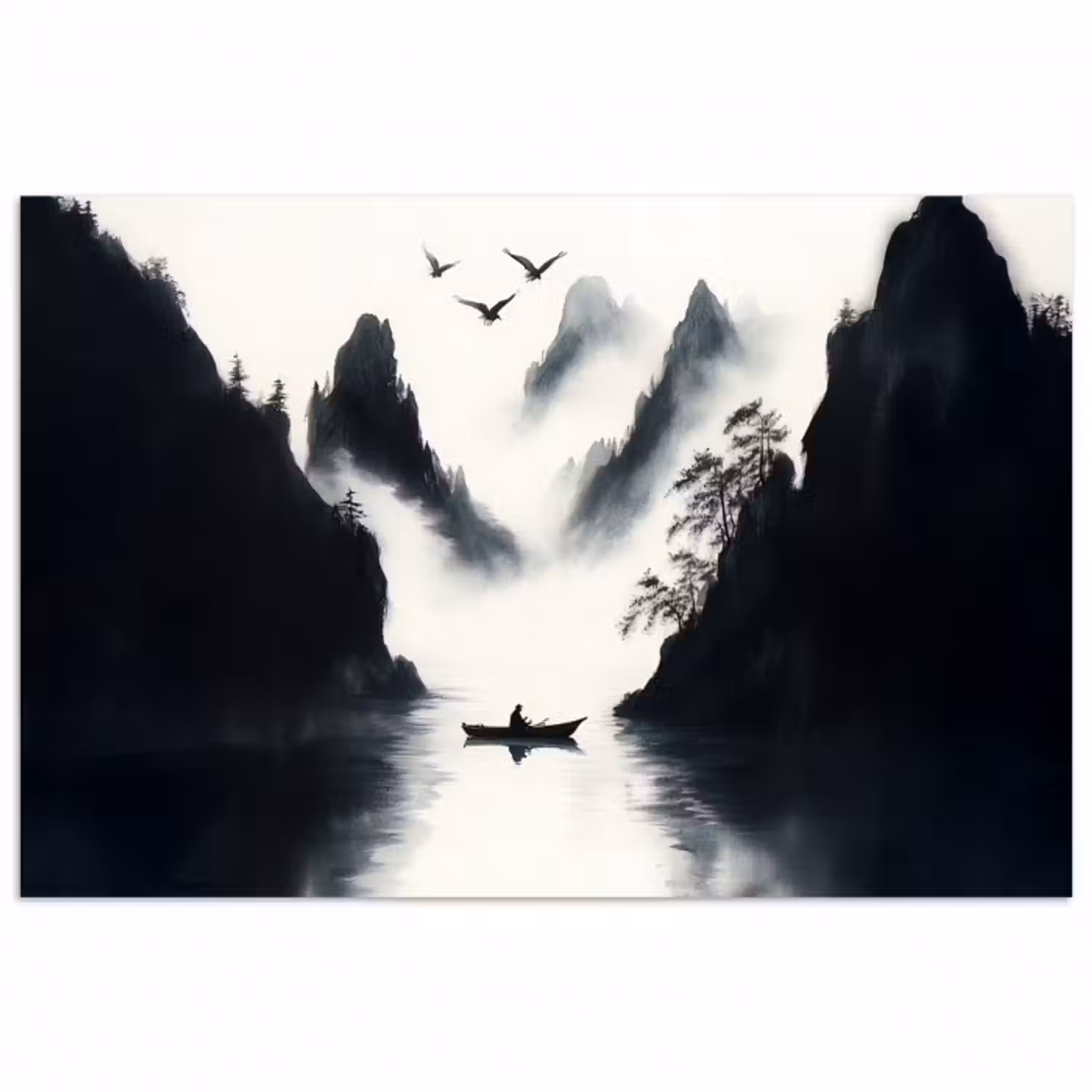Poster - Ruderboot - Neblig - Berge - Vögel