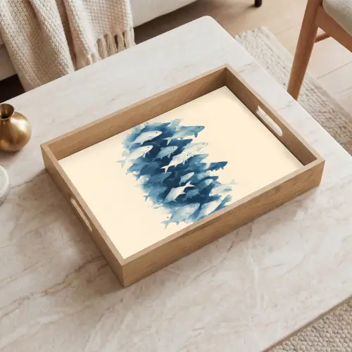 Vissen - Minimalistisch - Blauw Dienblad Rechthoek middel -sfeer1