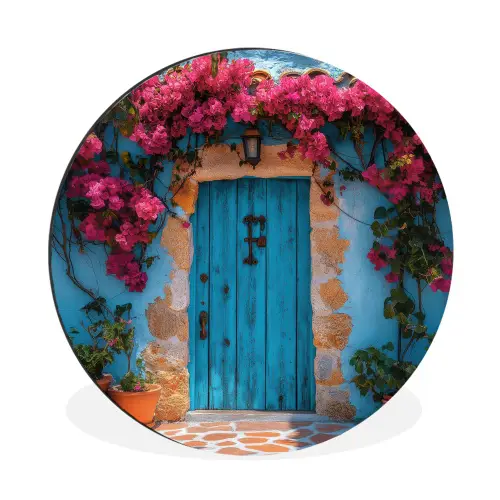 Deur - Hout - Bloemen - Blauw Wandcirkel aluminium klein -3d