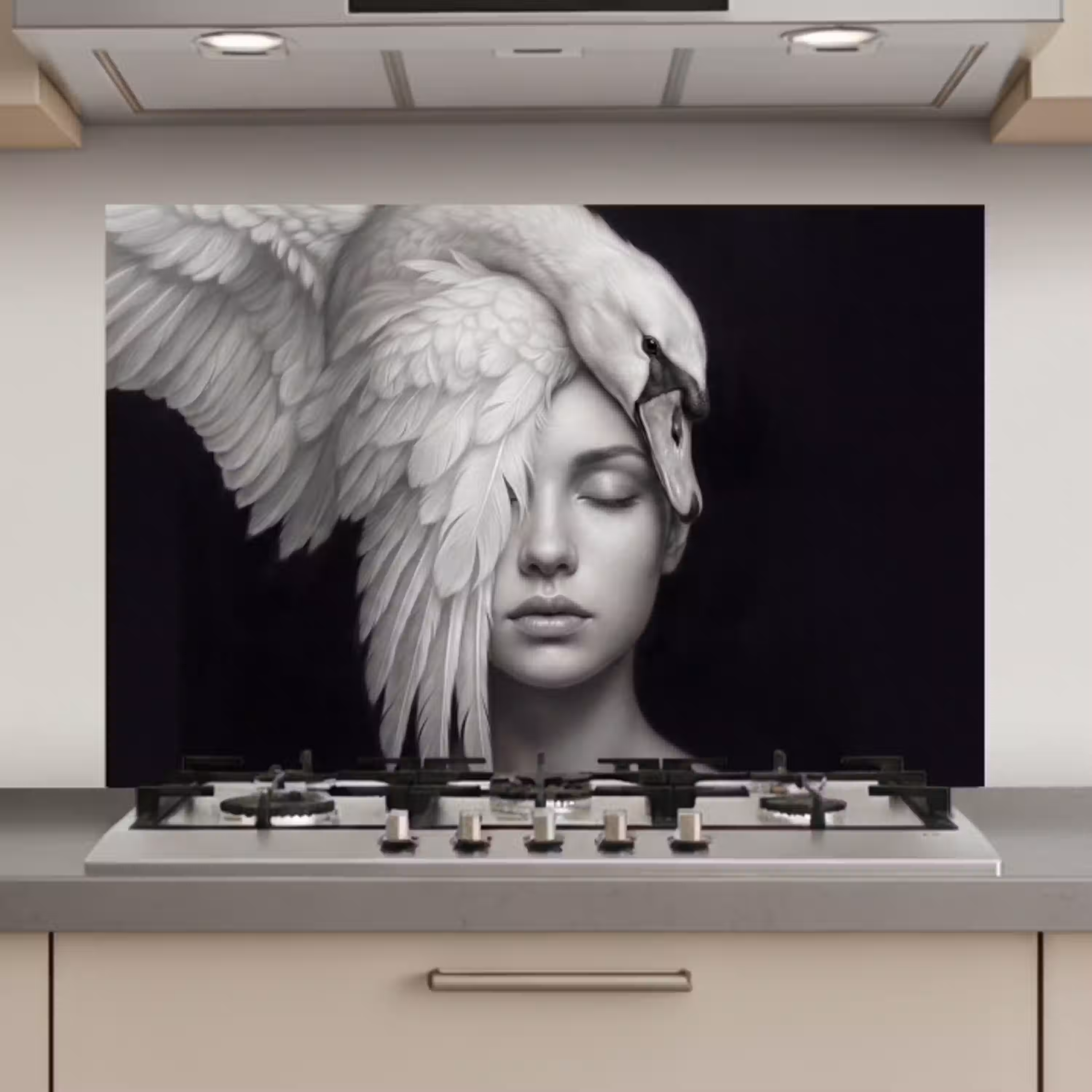 Portret - Zwaan - Zwart - Wit keuken achterwand spatscherm klein -3d_website