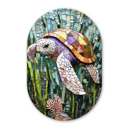 Schildpad - Zeewier - Mozaïek Wandcirkel Ovaal Glas middel -3d