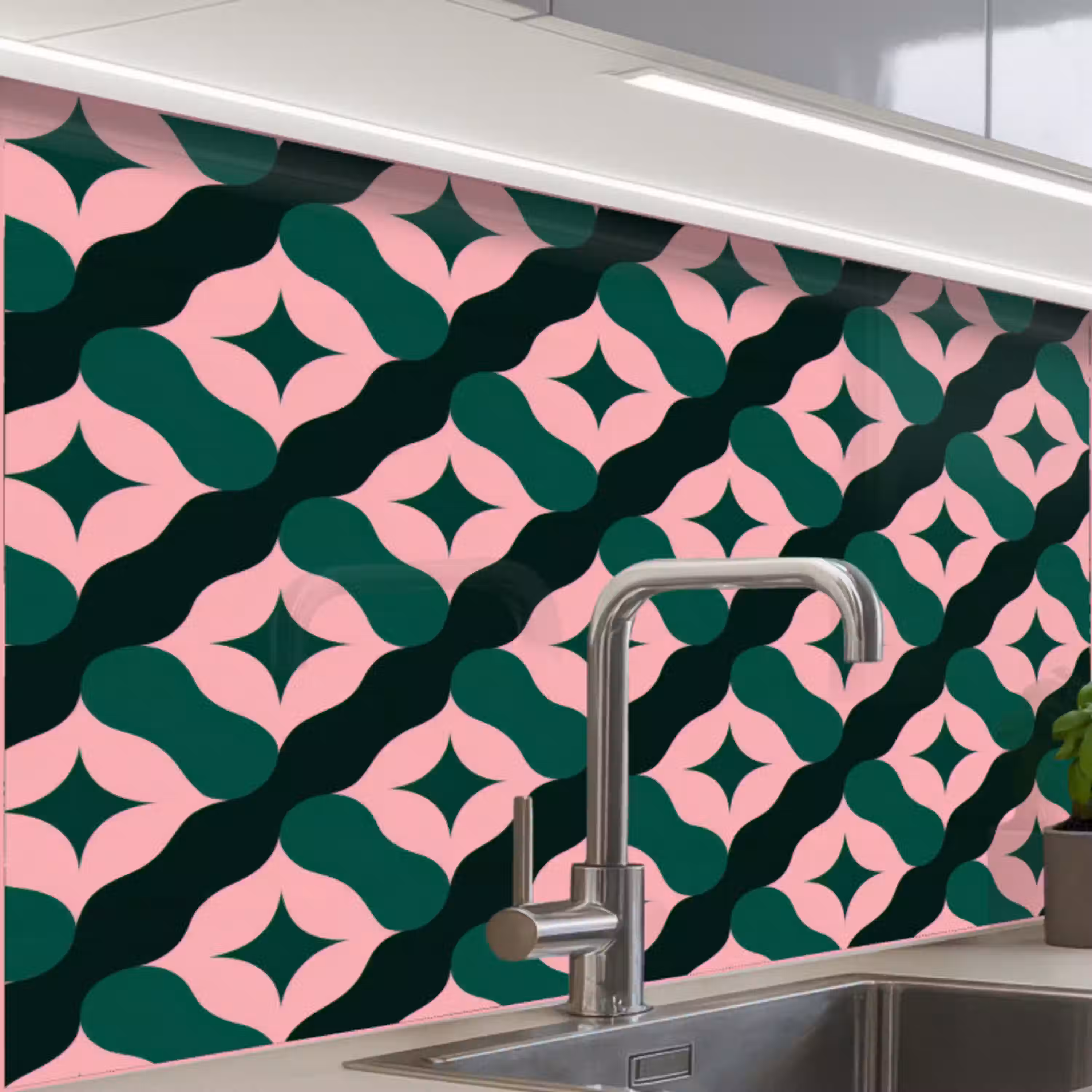 Groen - Roze - Retro - Sterren keuken achterwand 2 middel 865 -zzzz3d_schuin