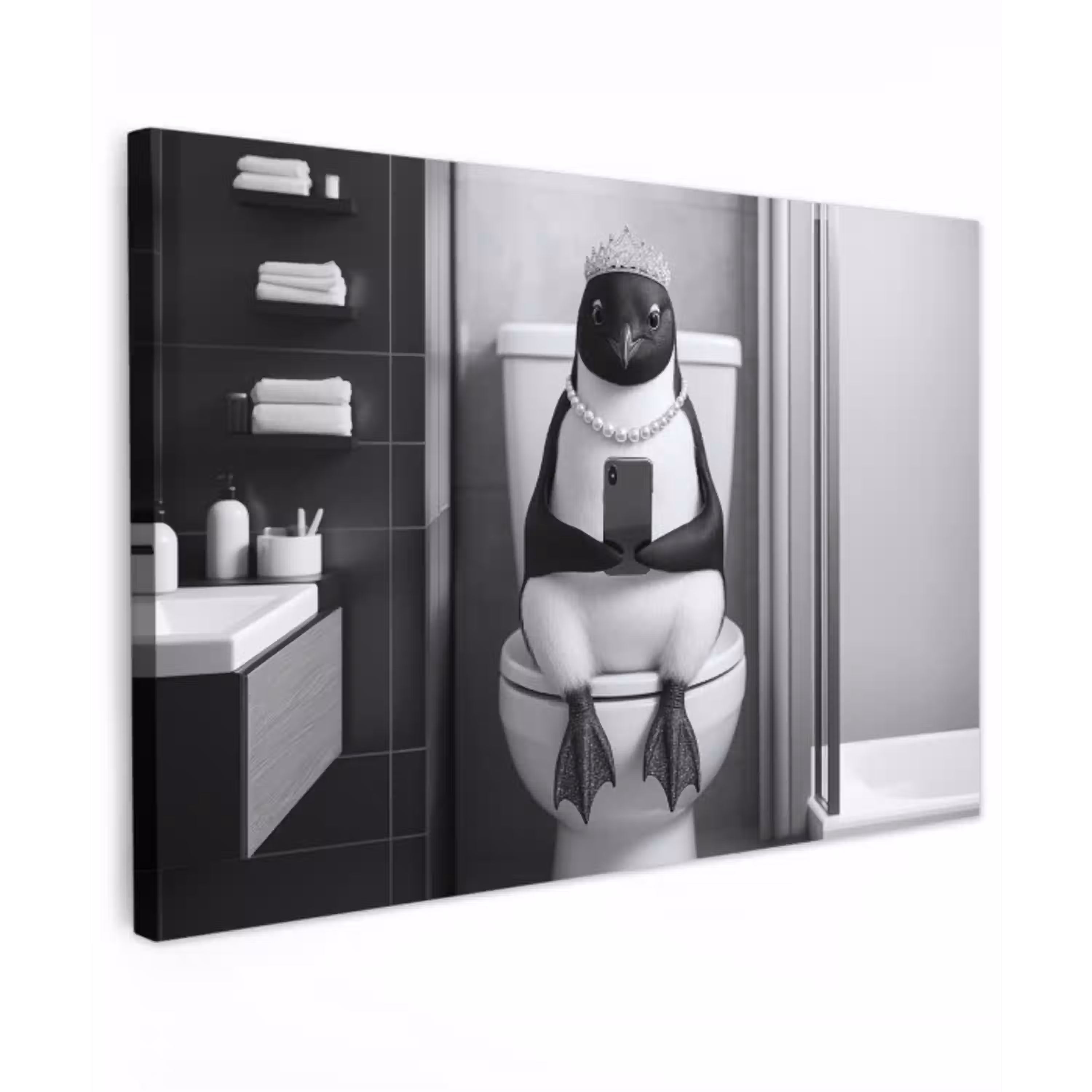 Pinguïn - Telefoon - Toilet - Zwart - Wit canvas 2cm klein -z3d