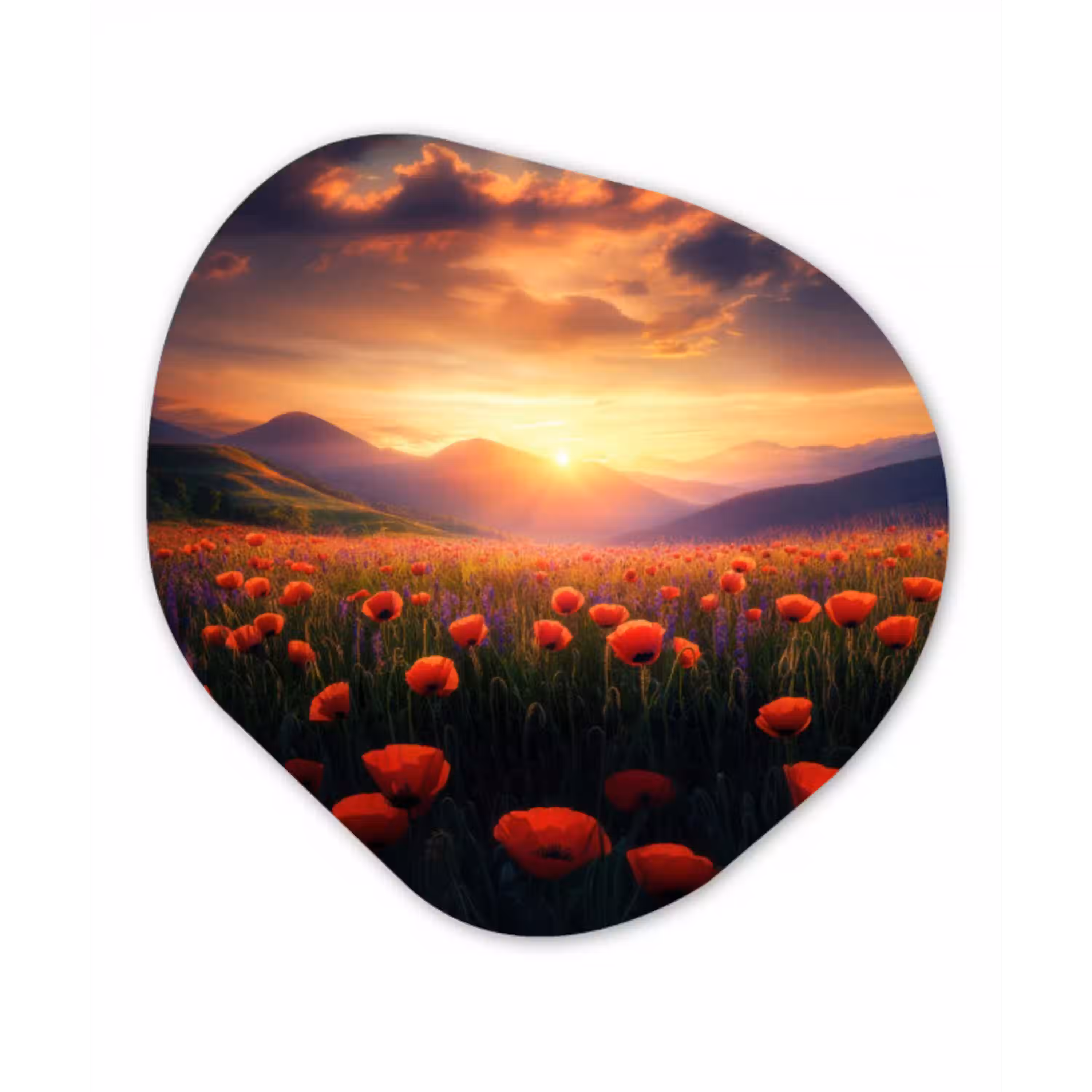 Landschap - Zonsondergang - Bloemenveld Wandcirkel Organisch Plexiglas middel -3d