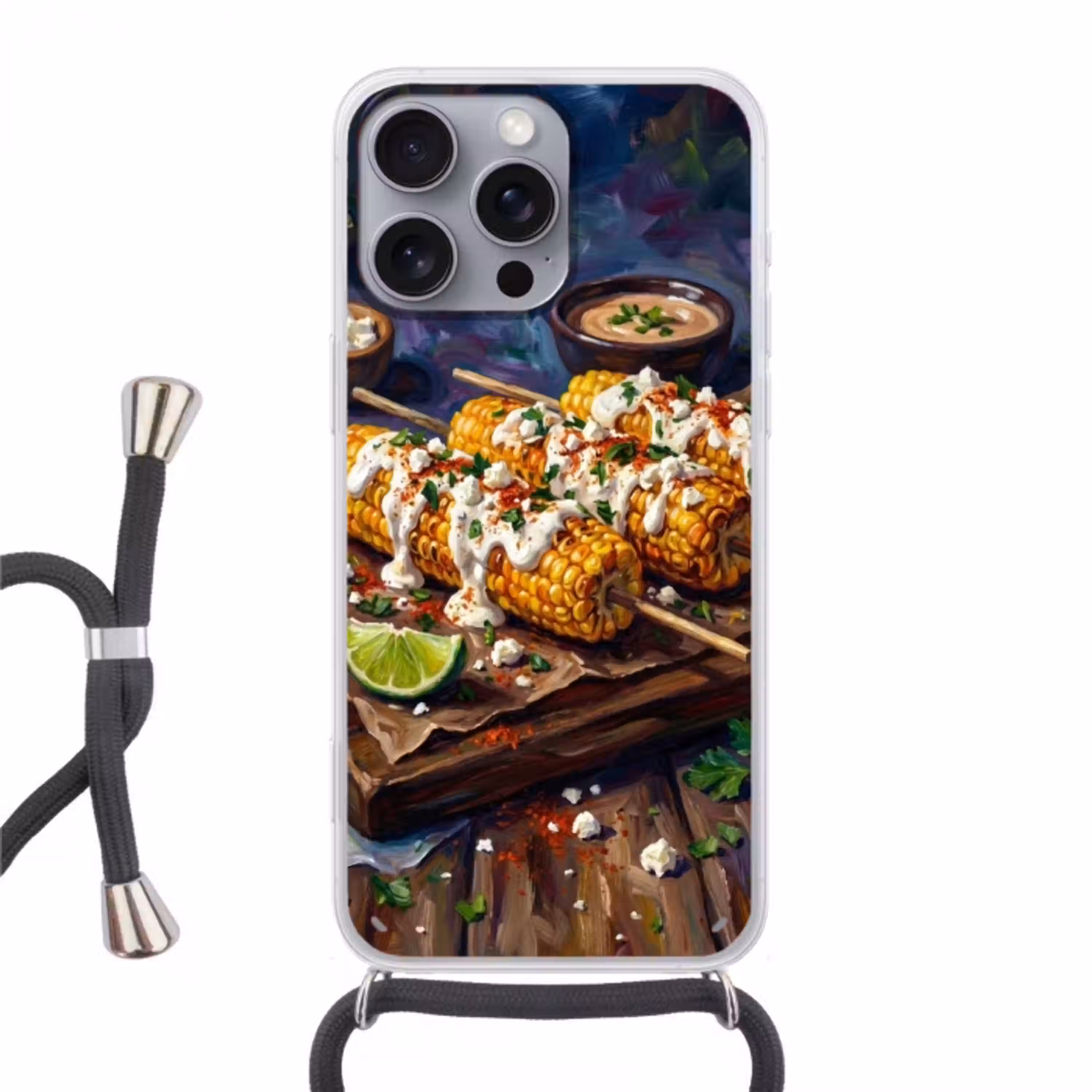 Eten - Maïs - Saus - Geschilderd - Geel Hoesje iPhone 16 Pro Max met koord klein -3d