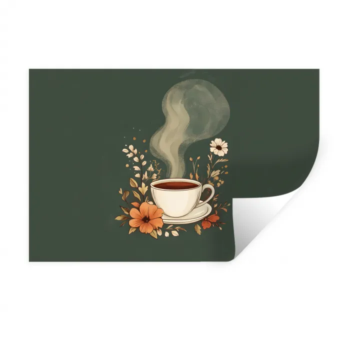 Kop - Bloemen - Groen - Koffie Muursticker klein -3d