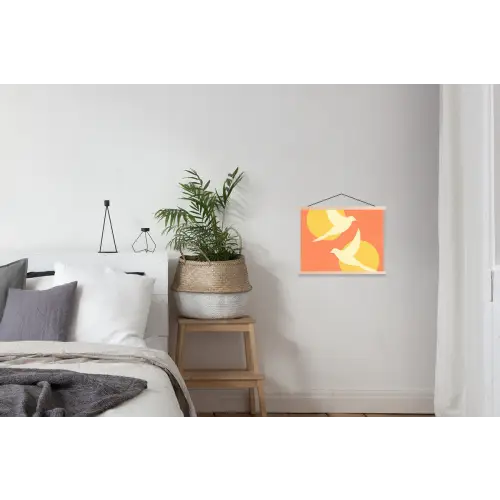 Vogels - Cirkels - Geel textielposter latten blank klein -woonkamer