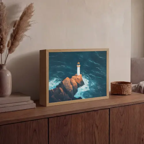 Vuurtoren - Rots - Zee - Golven Light Box met batterij (Wandlamp) middel -sfeer2