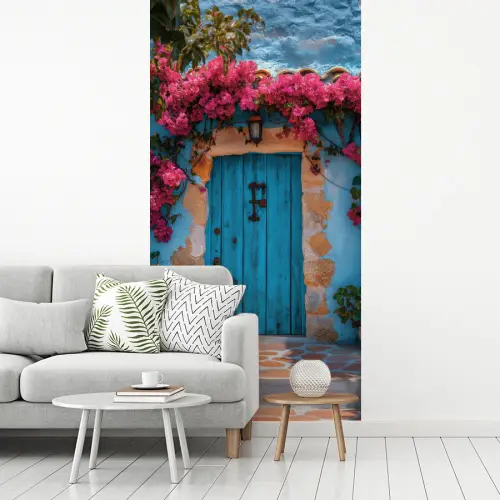 Deur - Hout - Bloemen - Blauw fotobehang vinyl groot -woonkamer