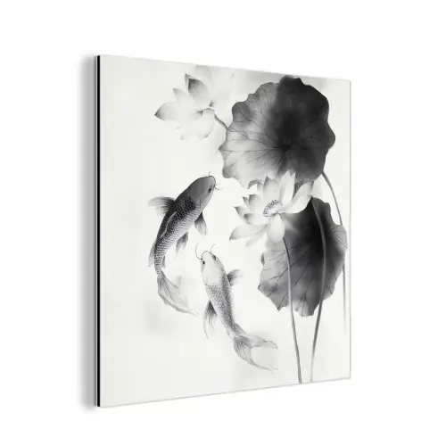 Lotusbloemen - Vissen - Bladeren - Zwart aluminium wit klein -3d