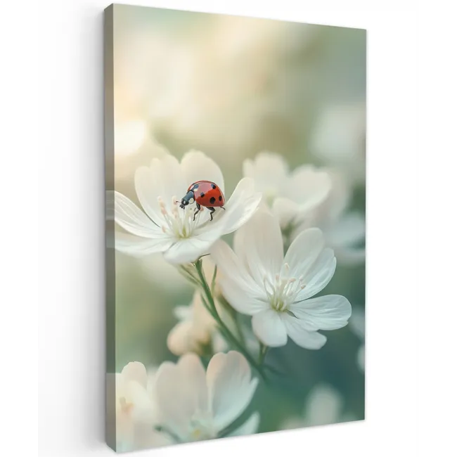 Lieveheersbeestje - Bloemen - Wit Tuinposter op houten frame 2 cm dik klein -3d