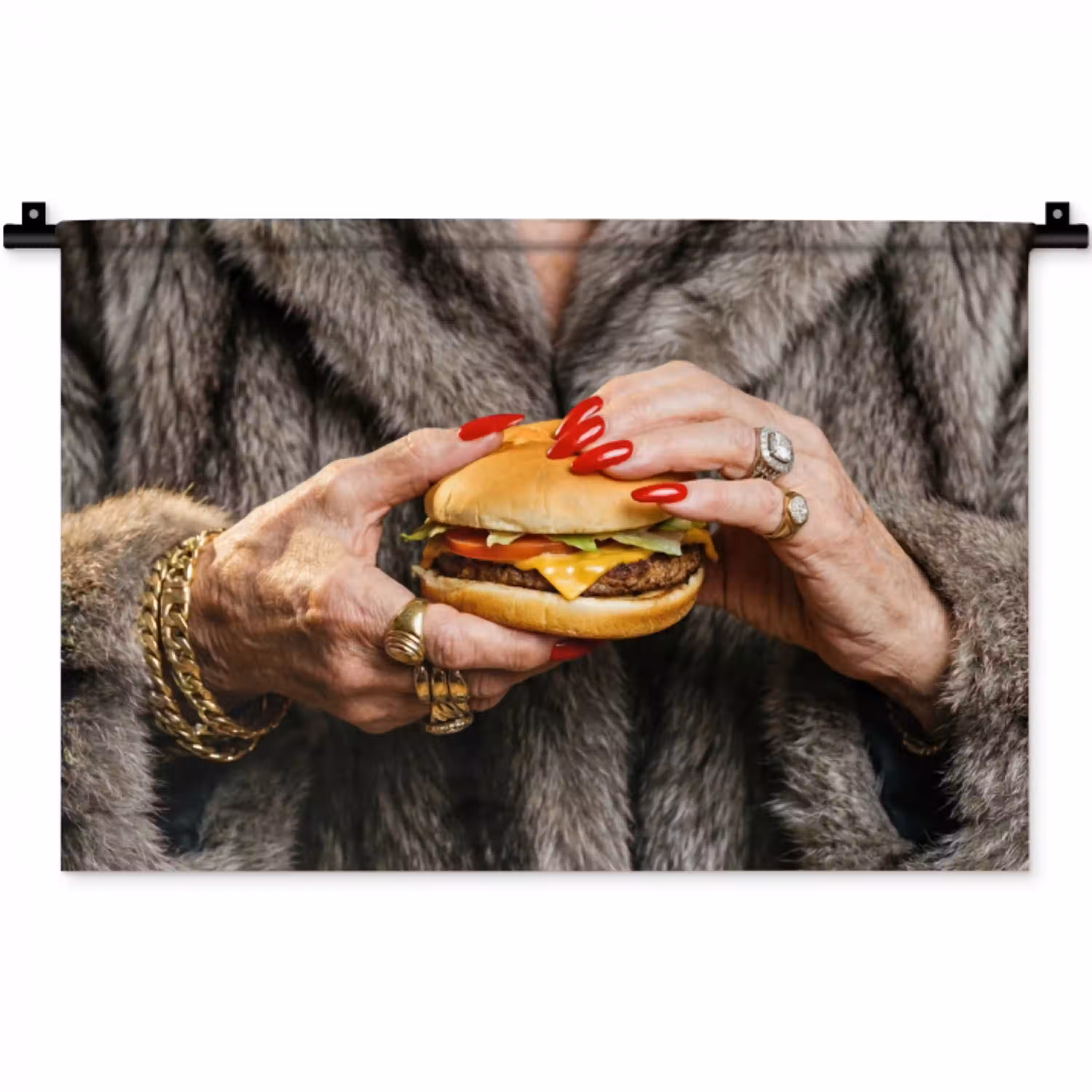 Vrouw - Hamburger - Bontjas Wandkleed katoen klein -zz3d