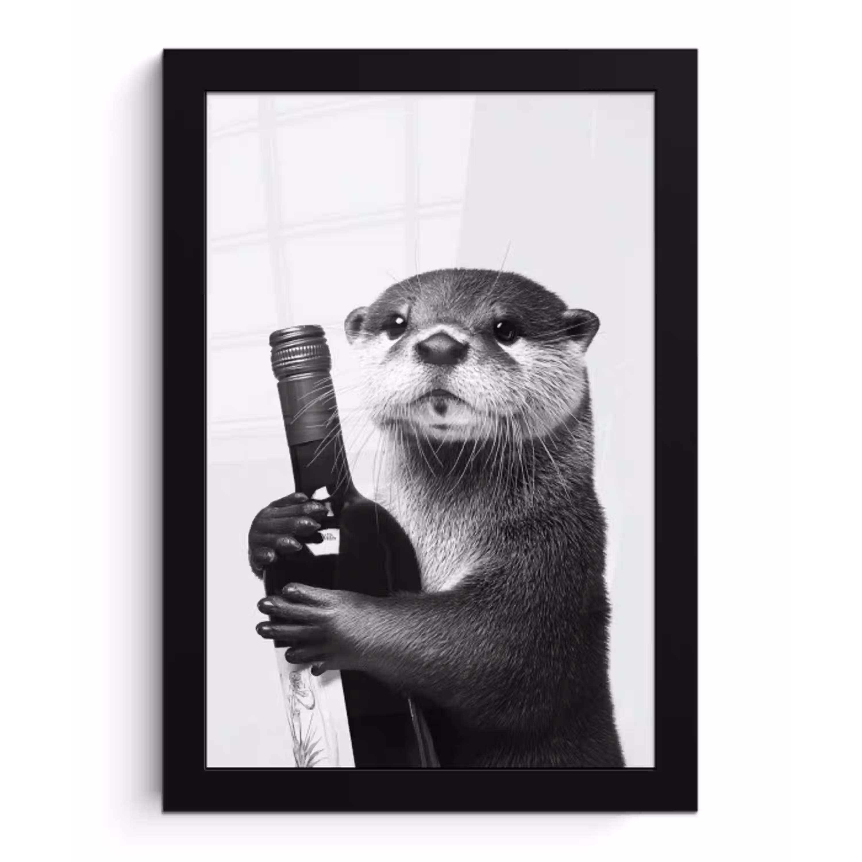 Wijnfles - Otter - Zwart fotolijst zwart zonder passe partout klein -3d