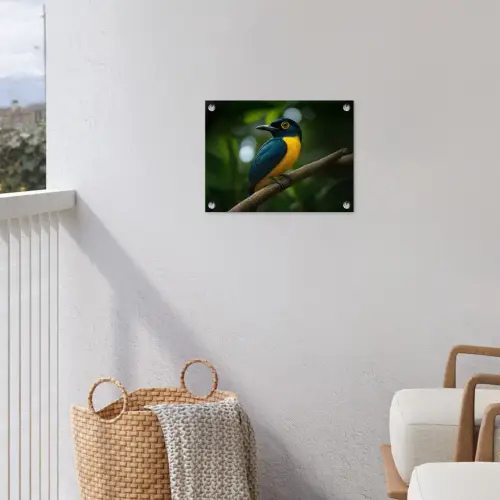 Vogel - Tak - Geel - Bladeren tuinposter los doek klein -sfeer8