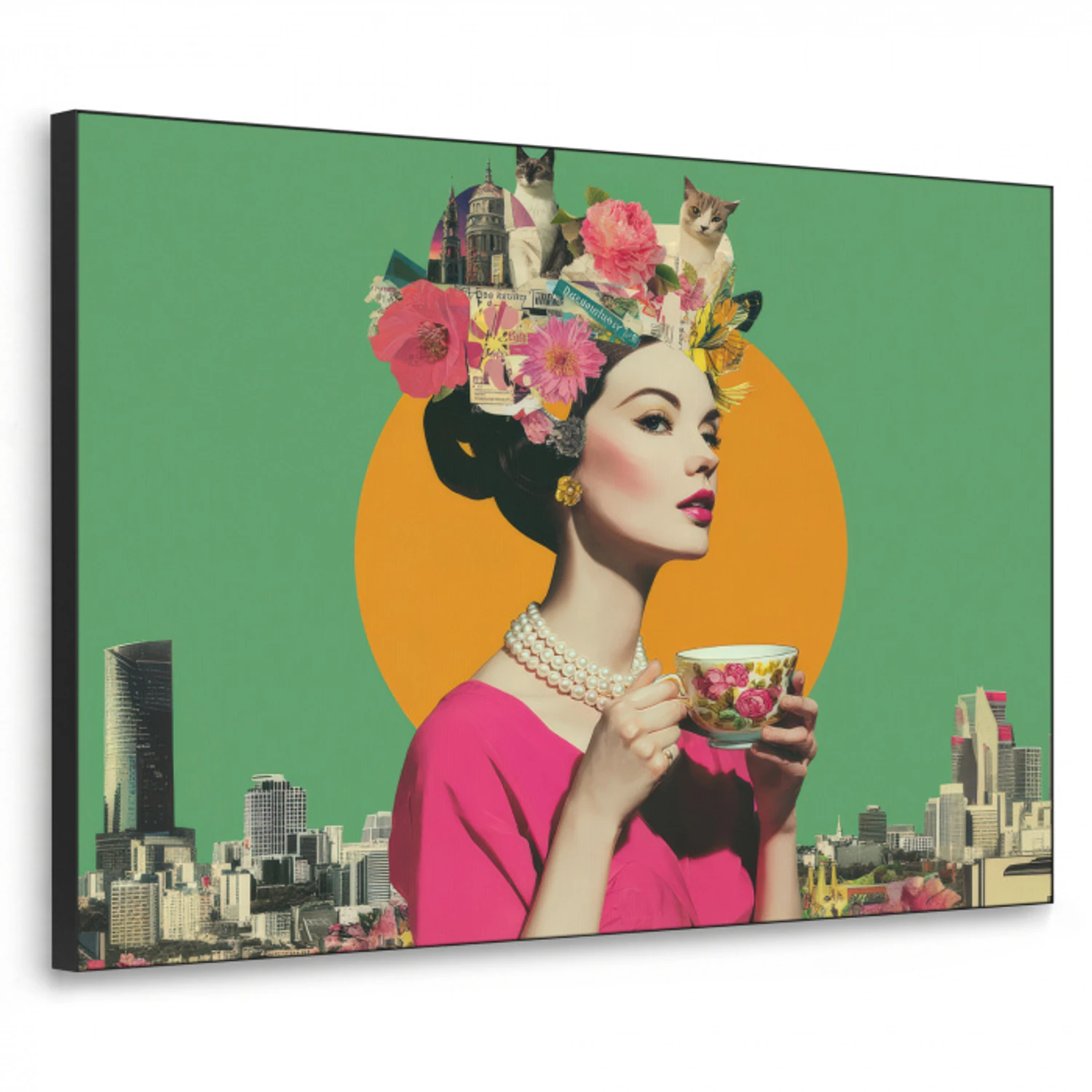 Retro - Vrouw - Stad - Zon Textielframe zwart klein -3d