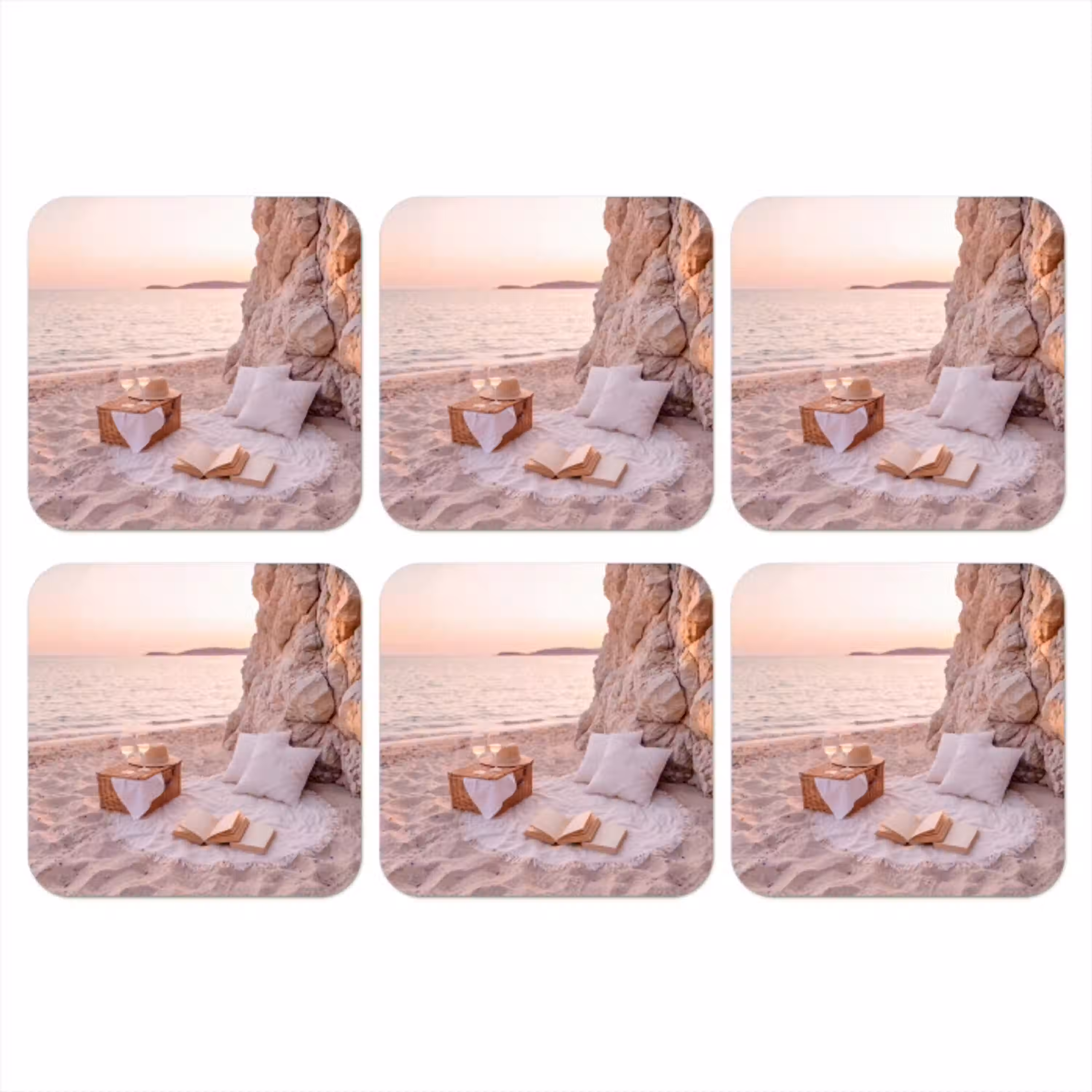 Strand - Picknick - Zonsondergang - Zomer - Natuur onderzetter kurk middel -3d