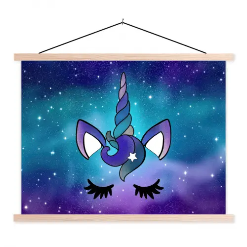 Eenhoorn - Sterrenhemel - Ster - Blauw textielposter latten blank klein -3d
