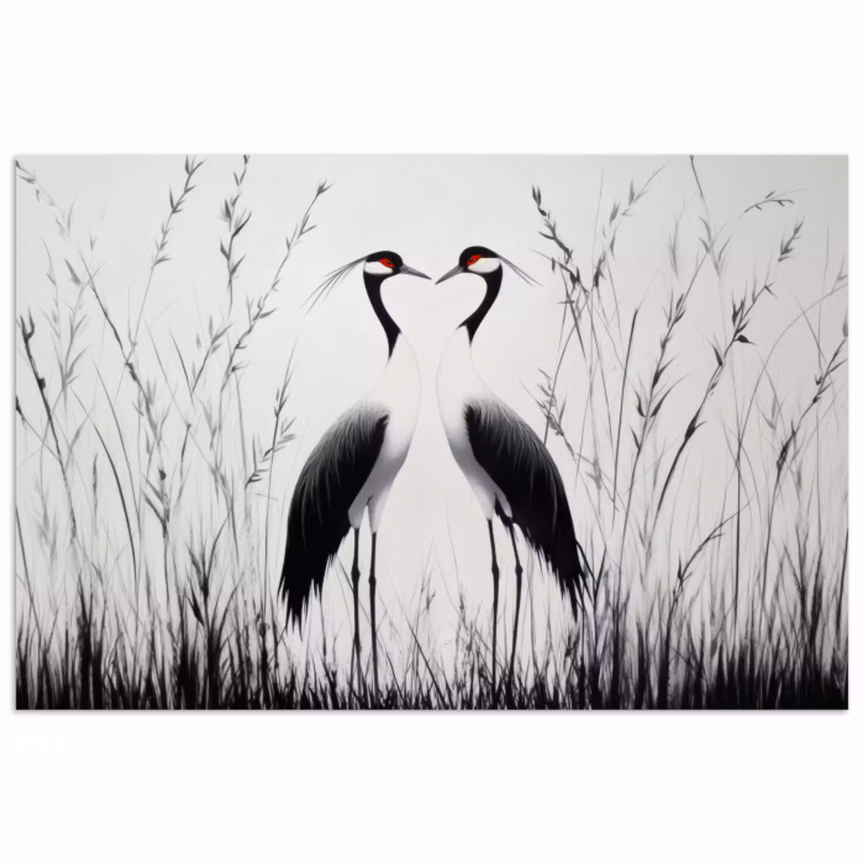 Kraanvogels - Gras - Hartvorm - Zwart poster papier klein -3d