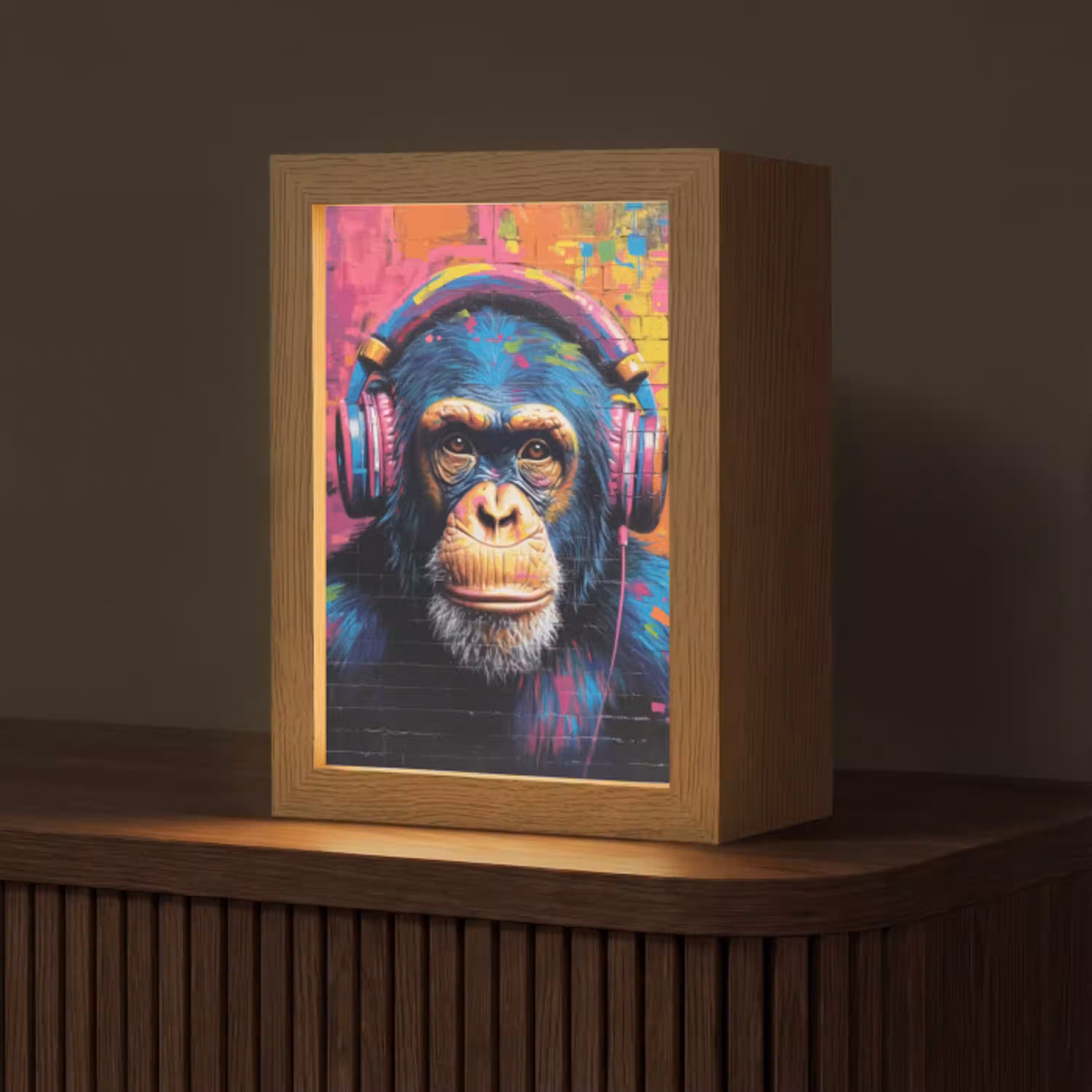 Graffiti - Chimpansee - Street art - Koptelefoon - Aap Light Box met kabel (Tafellamp) klein -z3d_website