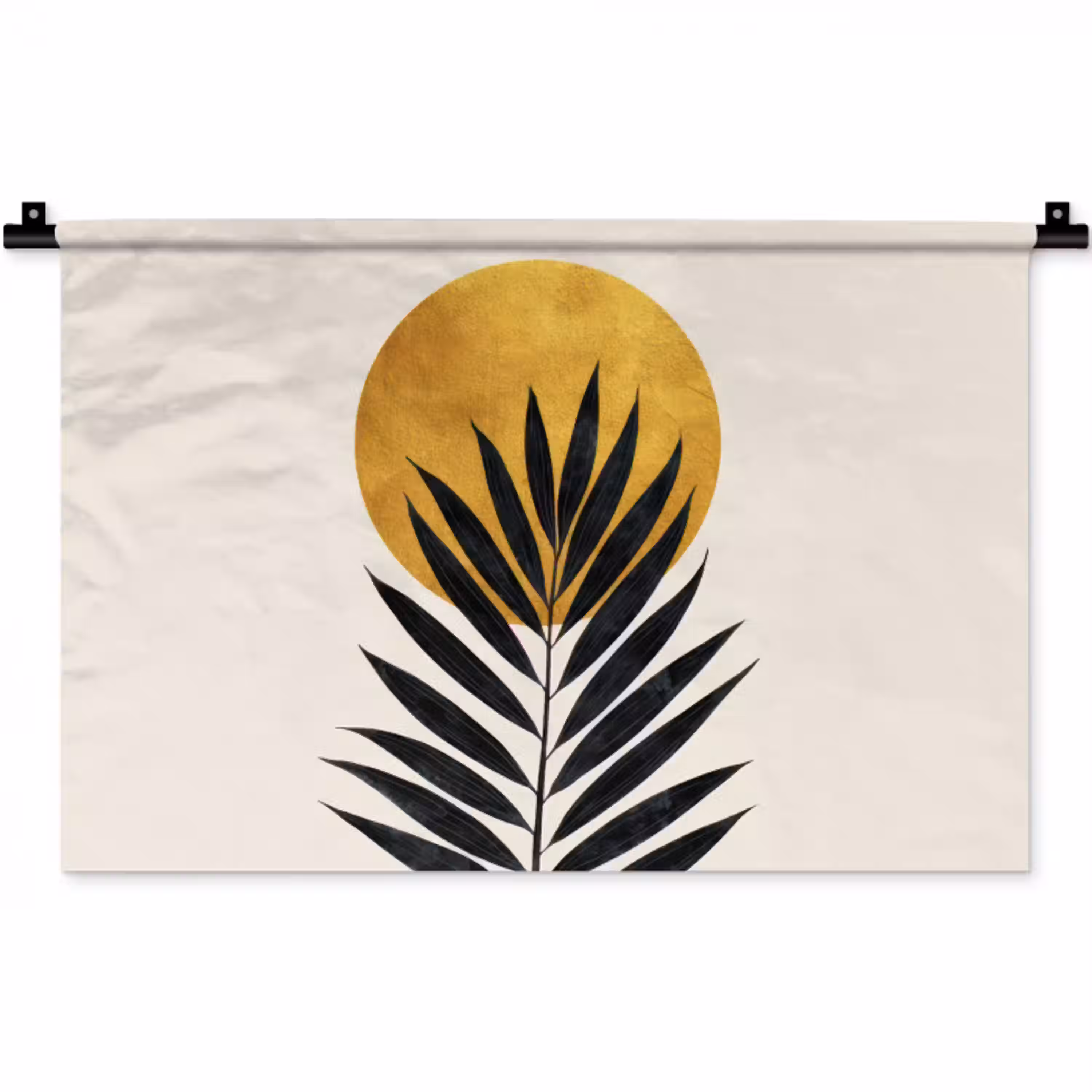 Zwart palmblad - Gouden cirkel - Beige achtergrond Wandkleed katoen klein -zz3d