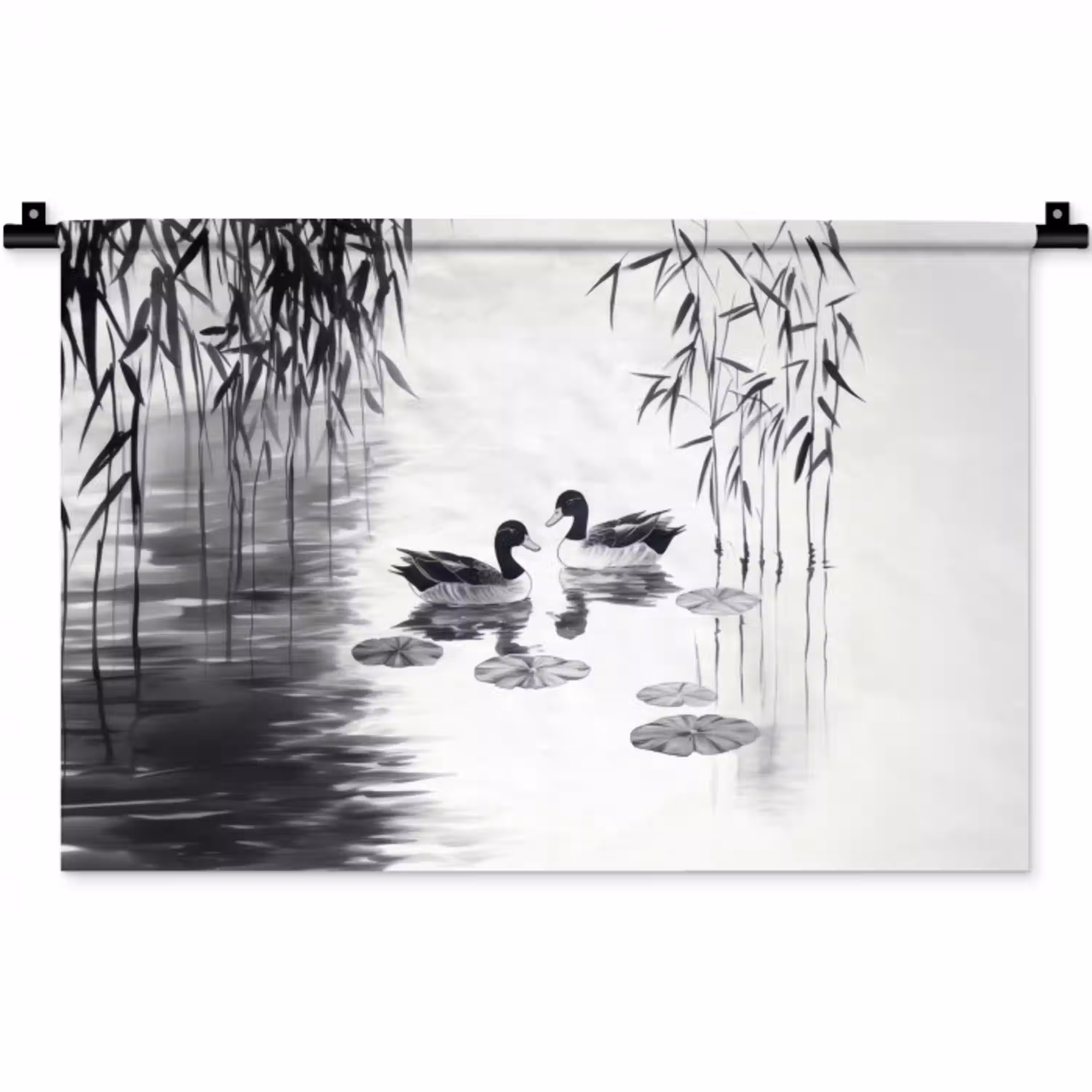 Eenden - Waterlelies - Riet - Zwart Wandkleed katoen klein -zz3d