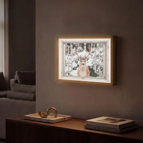 Doorkijk - Hert - Sneeuw - Winter - Bos - Dieren - Natuur Light Box met batterij (Wandlamp) middel -sfeer1